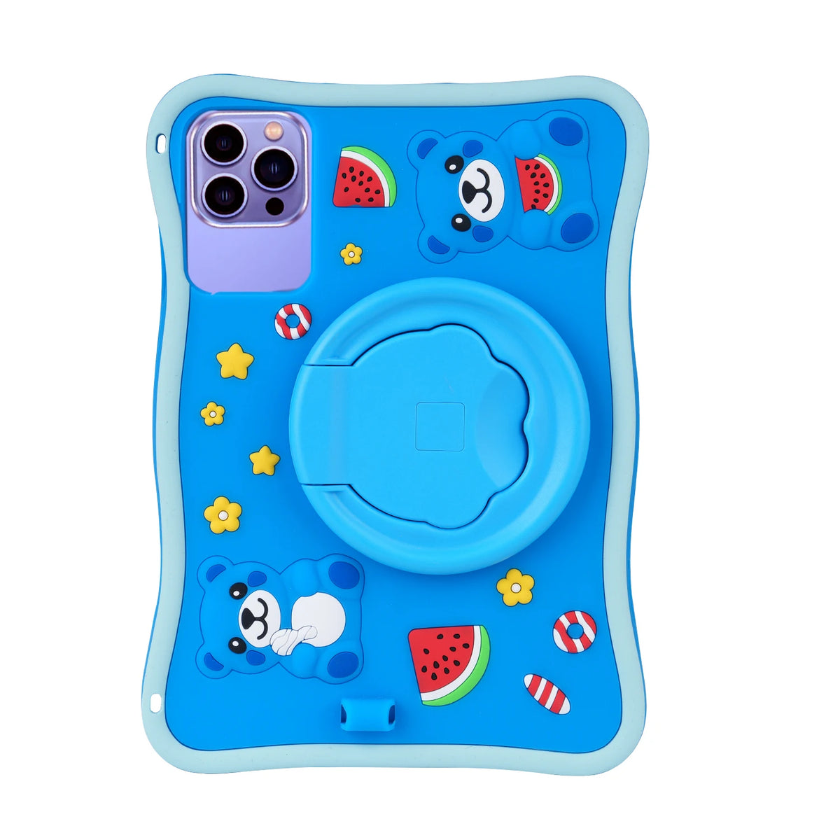 A blue silicone tablet case with a rounded design featuring a watermelon theme and a camera cutout.