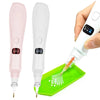 A white and pink electric diamond painting pen is shown with a hand applying paint onto a green tray.