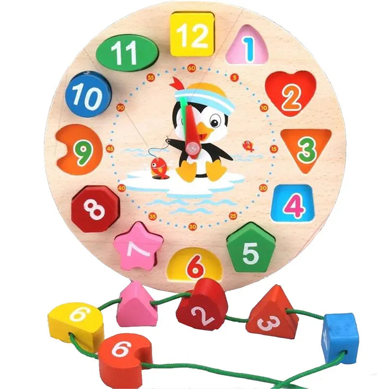 A wooden geometric shape sorter puzzle with numbered shapes and a bird figure for toddlers.