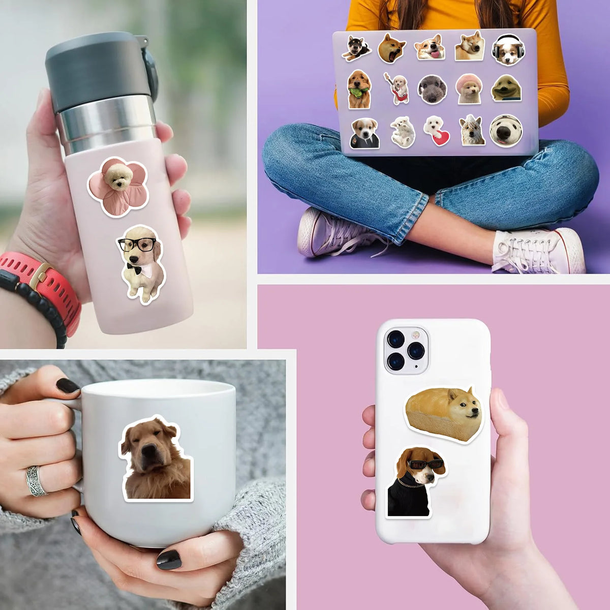 A collection of kawaii cat and animal stickers is displayed on a laptop, alongside a pink water bottle and a smartphone with 