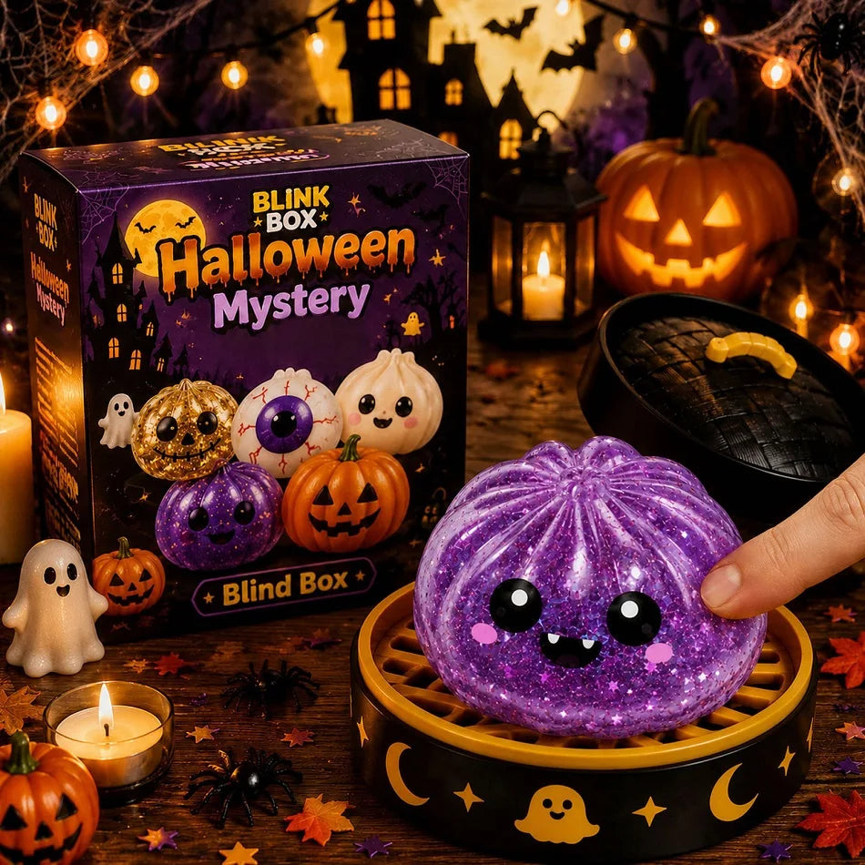 A purple glittery Halloween mystery blind box squishy toy resting in a wooden box surrounded by seasonal decorations.