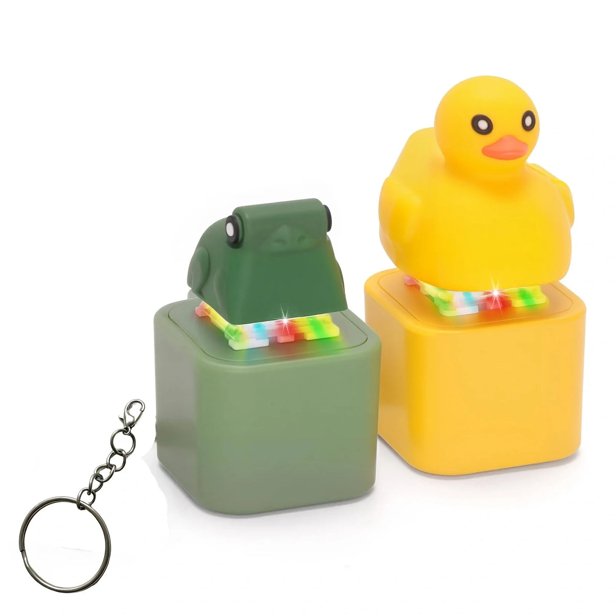 Yellow duck and frog clicker keychain with an LED light