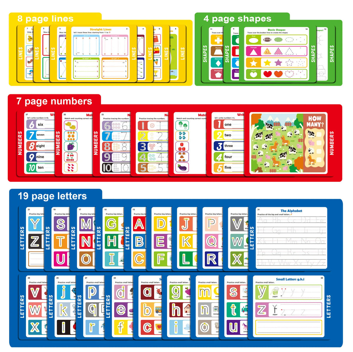 A set of preschool pen control and alphabet tracing workbooks including lines, shapes, numbers, and letters for children.