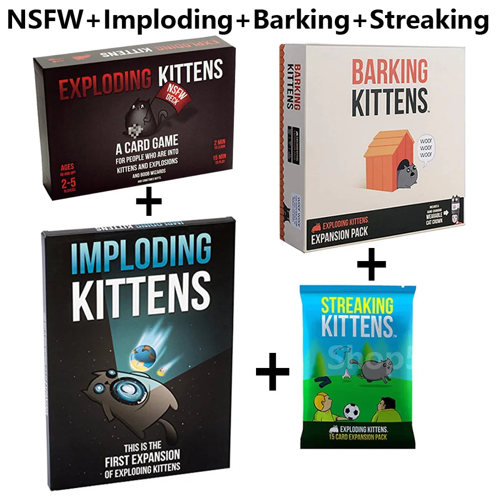 A collection of exploding kittens, imploding kittens, barking kittens, and streaking kittens card games.