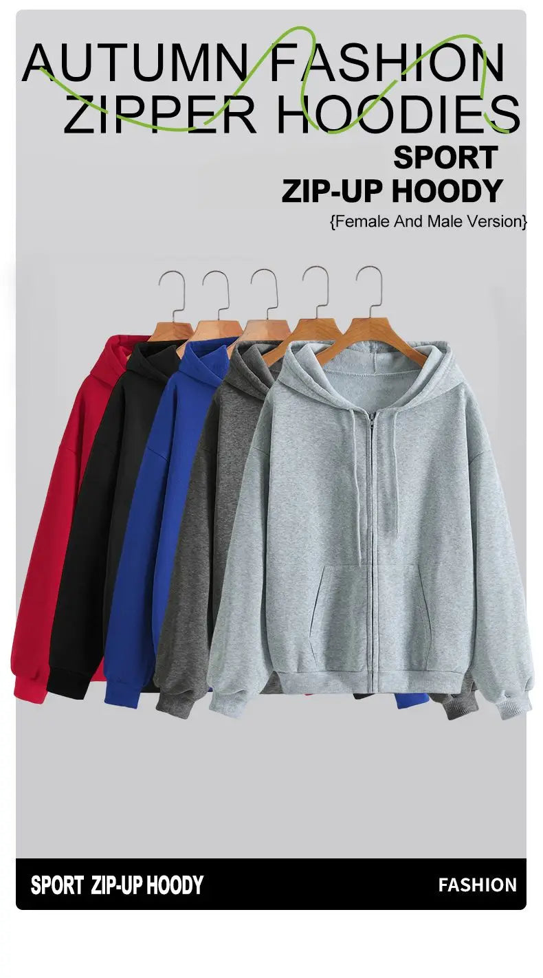 A display of various colored zip-up hoodies for sport and fashion, including red, black, blue, gray, and other shades.