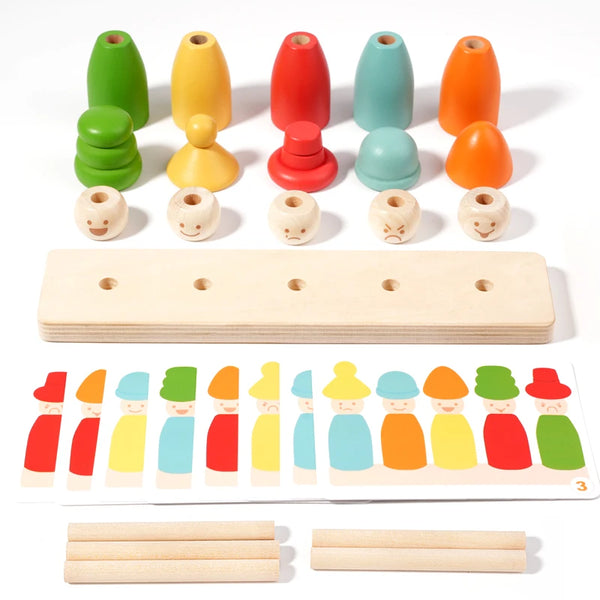 A set of wooden color sorting and matching toys featuring various colored, cone-shaped pieces and wooden pegs.