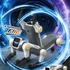 A silver robot dog toy demonstrating stunt moves and voice commands against a blue glowing background.