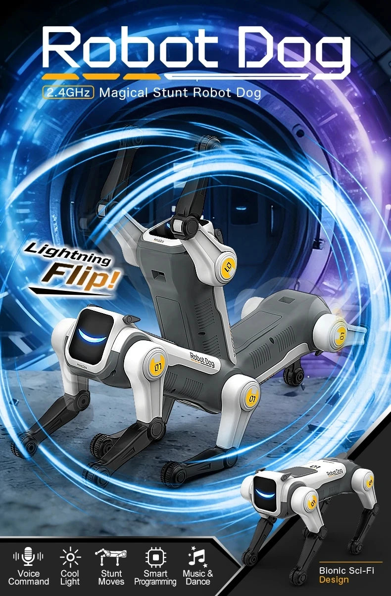 A silver robot dog toy demonstrating stunt moves and voice commands against a blue glowing background.