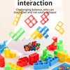 A collection of colorful stacking blocks and game cards for a multiplayer competitive interaction game.
