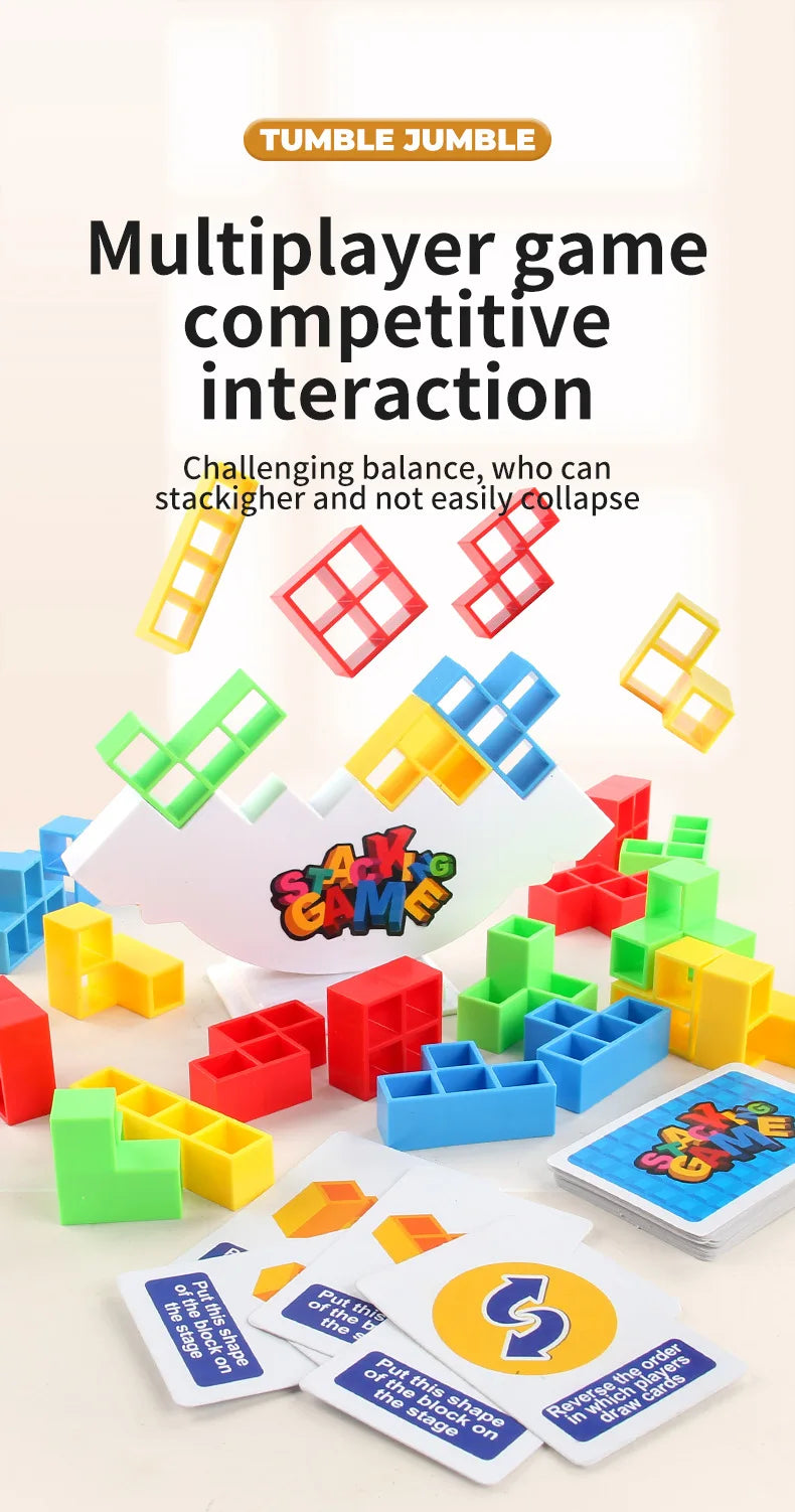 A collection of colorful stacking blocks and game cards for a multiplayer competitive interaction game.