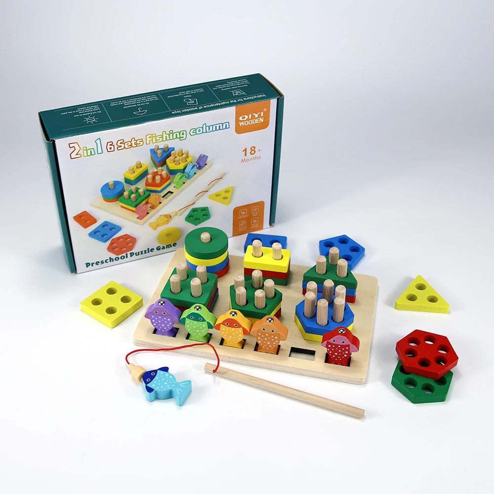 A box of 2 in 1 6 sets of wooden fishing column preschool puzzle game toys for toddlers