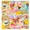 A pink and yellow DIY pretend play birthday cake tea set for kids featuring cupcakes, cakes, and accessories.