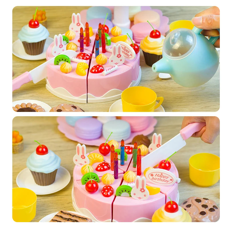 A pink and yellow DIY pretend play birthday cake tea set for kids featuring cupcakes, cakes, and accessories.