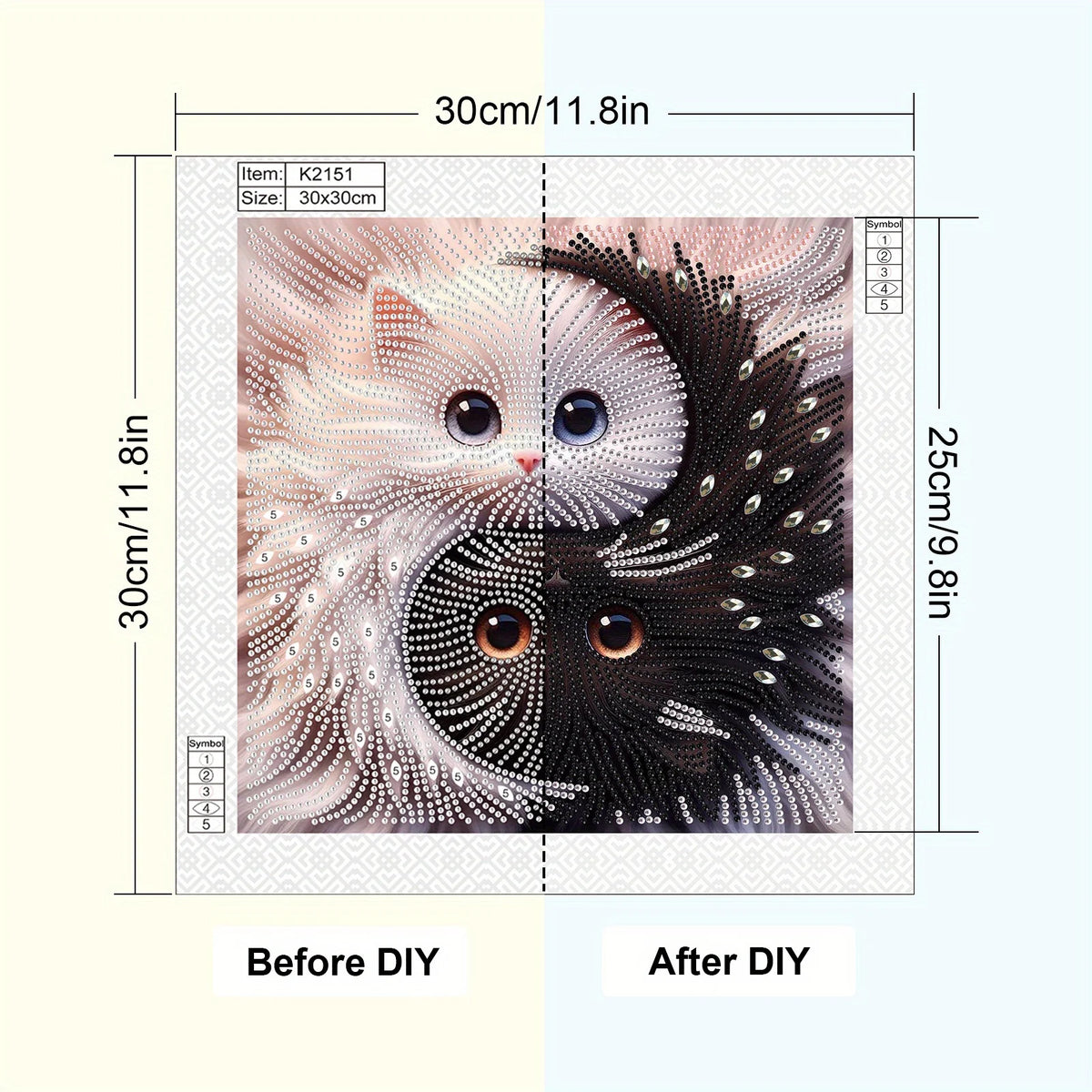 Diamond painting kit featuring a yin yang cat design with white and black patterns