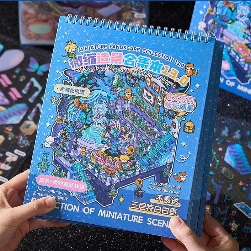 A blue spiral notebook titled Miniature Landscape Collection 13.0 shows colorful illustrations of miniature scenes and sticke