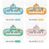 A collection of colorful electronic piano toy keyboards in blue, orange, green, and pink.