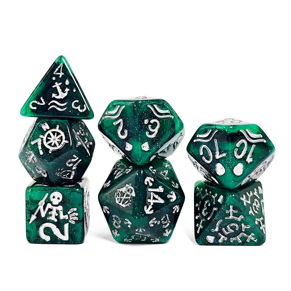 A set of seven pirate-themed resin polyhedral dice in green and silver colors.