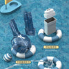 A blue electric automatic water gun with a drum magazine is shown in various functional contexts.