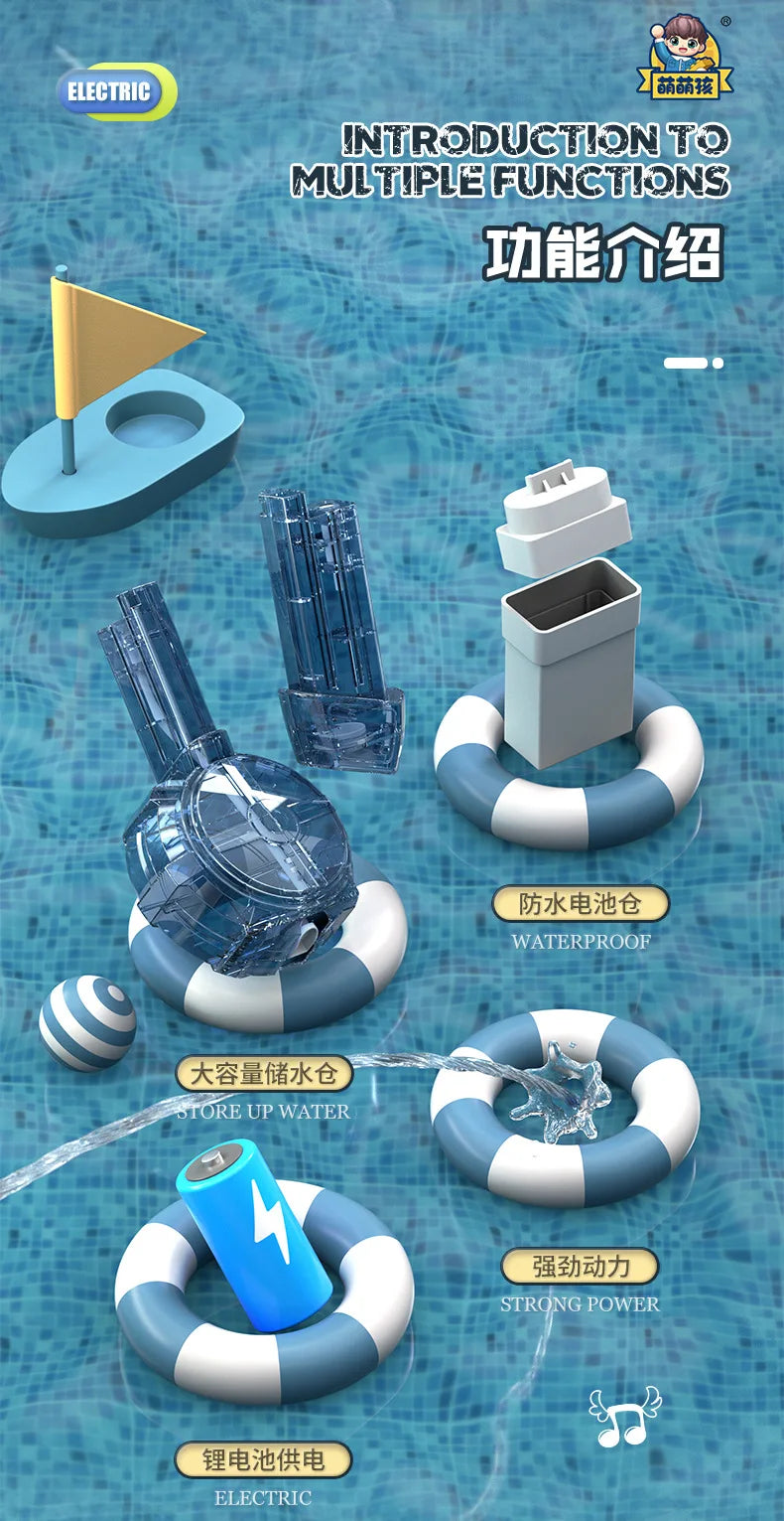 A blue electric automatic water gun with a drum magazine is shown in various functional contexts.