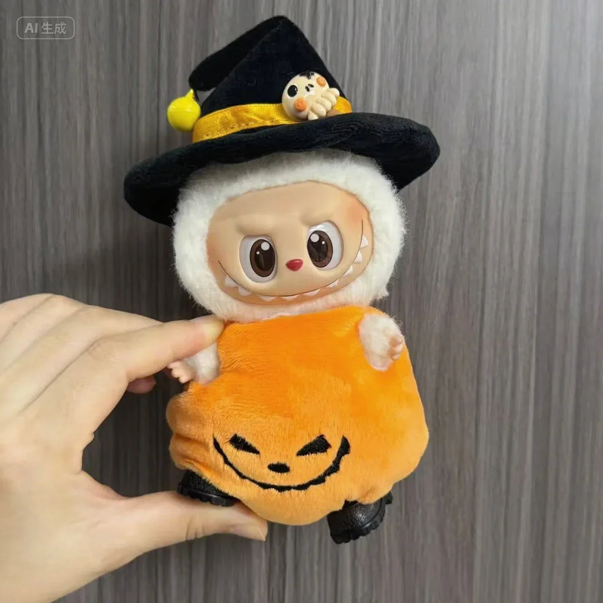 A hand holds a Halloween pumpkin costume set for a 17cm doll featuring an orange pumpkin body and a black witch hat.
