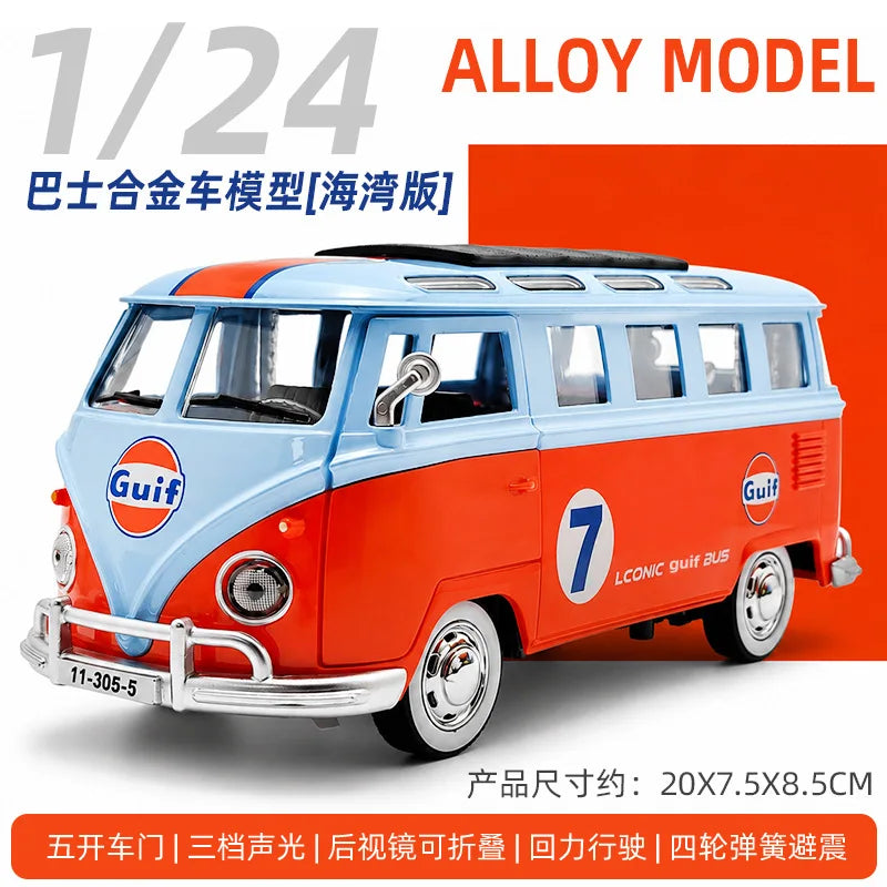 1/24 Alloy model of a red and blue vintage bus with pull-back action features
