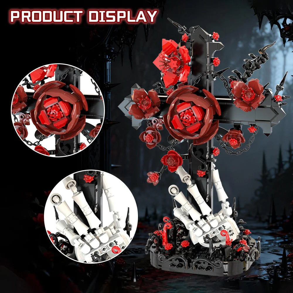 A dark metal cross sculpture featuring red roses and white skeleton hands, displayed against a dark background.