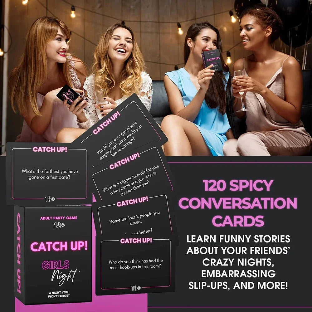 A group of four women laughing and holding cards during a girls night game featuring spicy conversation cards.