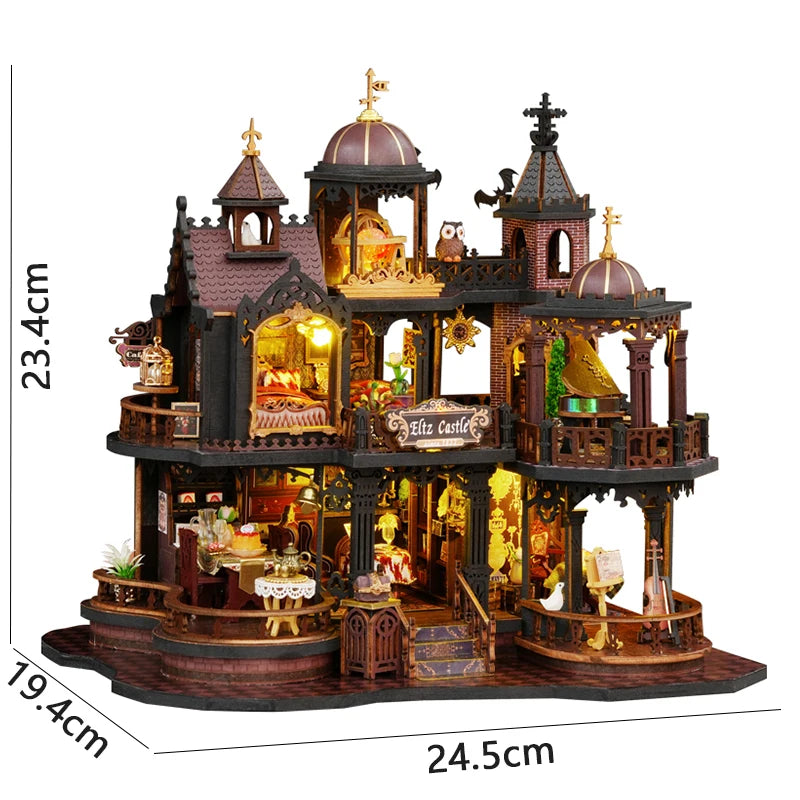 A detailed miniature dollhouse kit of a seaside beach house featuring multiple levels and architectural details.