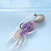 A realistic purple and white spider soft bait lure with legs and a hook is shown floating in clear water.