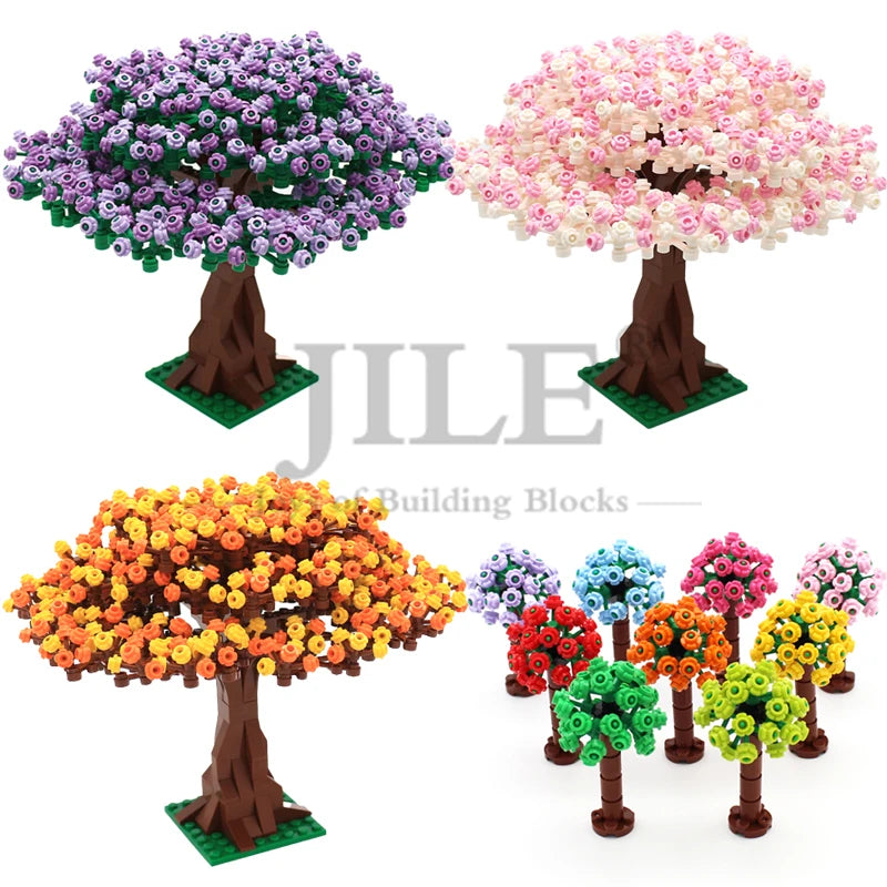 A set of building blocks depicting three trees with pink, purple, and orange blossoms.