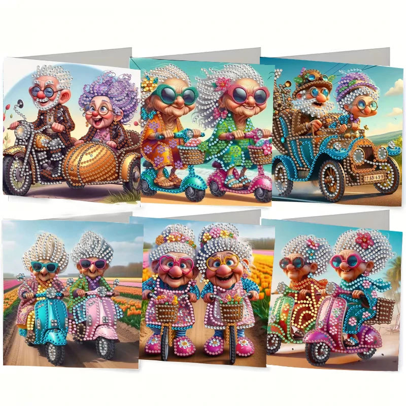 A set of diamond painting birthday cards featuring cute flower and bird designs on vehicles.