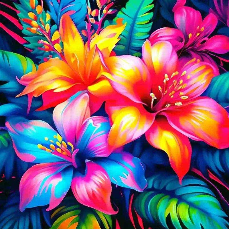 Vibrant floral art featuring bright orange, pink, and blue flowers and leaves for a diamond painting kit.