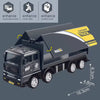A black pull-back container truck toy with yellow accents, showing various skill enhancements.