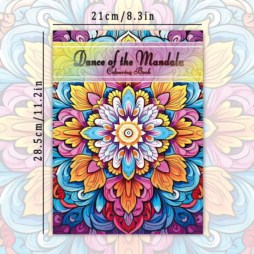 Cover of a colouring book featuring intricate, colorful mandala designs.