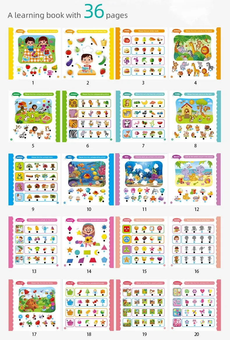 A learning book with 36 pages featuring colorful illustrations and educational content for toddlers.