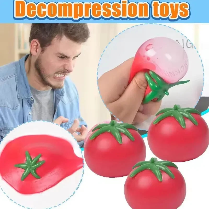 A man is squeezing a pink squishy hamburger stress ball for anxiety relief.