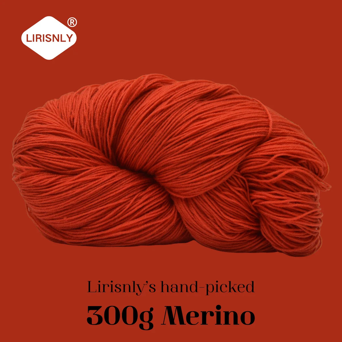 A ball of bright orange Merino wool yarn, 300g, is shown rolled up against a solid reddish-brown background.