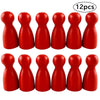 A set of twelve wooden game pawns in six different shades of red.