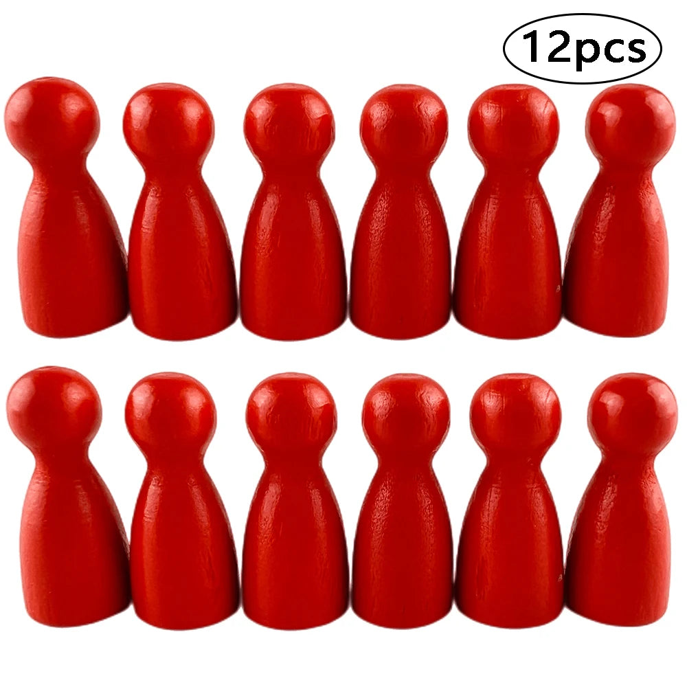 A set of twelve wooden game pawns in six different shades of red.