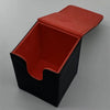 A black leather deck box with a red lid is shown from above.