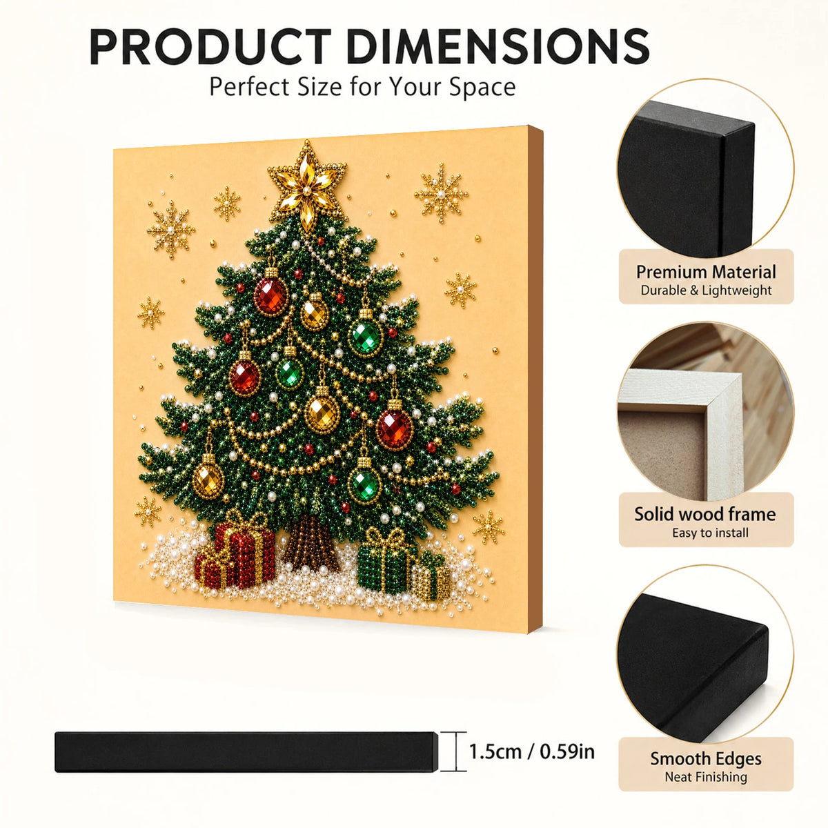 Framed Christmas tree decoration featuring gold and green elements on a light background.