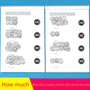 A children's activity workbook showing exercises to count and write various amounts of coins.