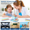 Two girls using a double-sided silicone sensory activity board with twelve colored strings for play