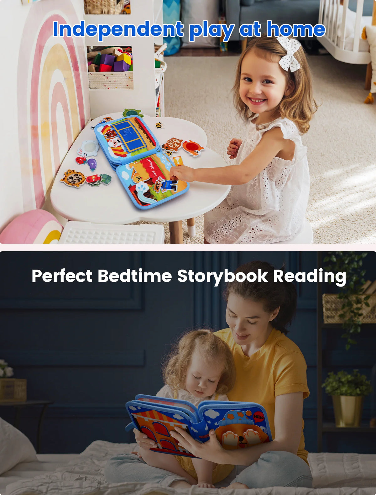 A young girl is playing with a Montessori felt busy board educational activity book at home.