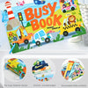 A busy book featuring various activity cards and vehicles for toddlers.