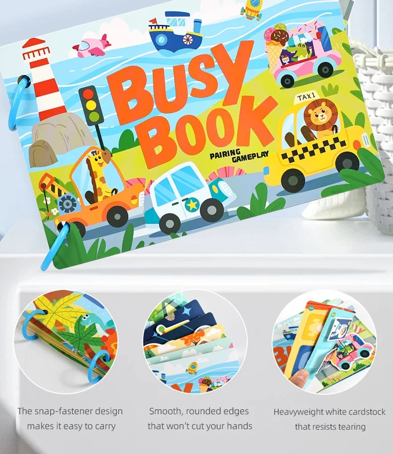 A busy book featuring various activity cards and vehicles for toddlers.