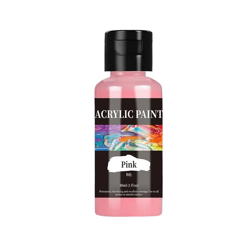 A bottle of pink acrylic paint with a black cap and label for craft projects.