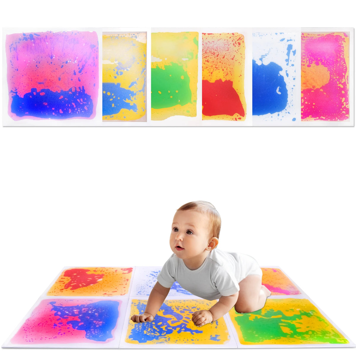 A colorful liquid sensory play mat for kids showing various bright colors like pink, purple, yellow, green, and blue.
