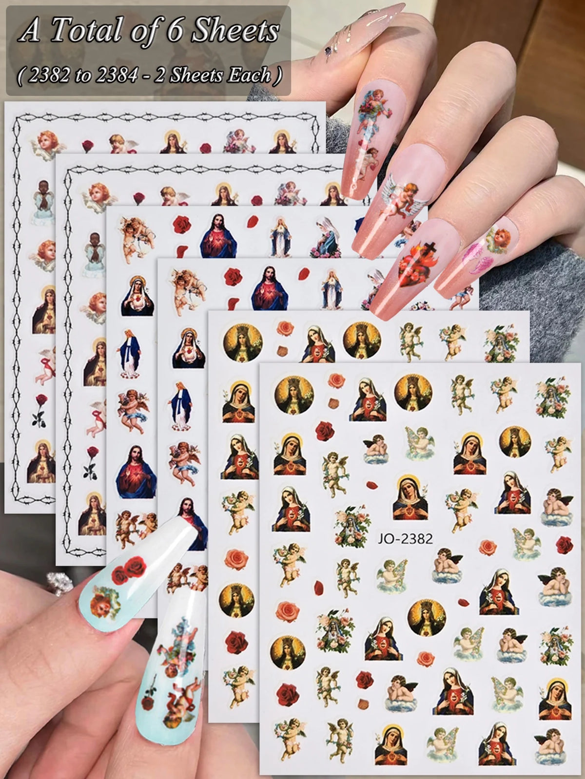 A hand displays vintage angel and saint nail art stickers featuring cherubs and crosses on a white background.
