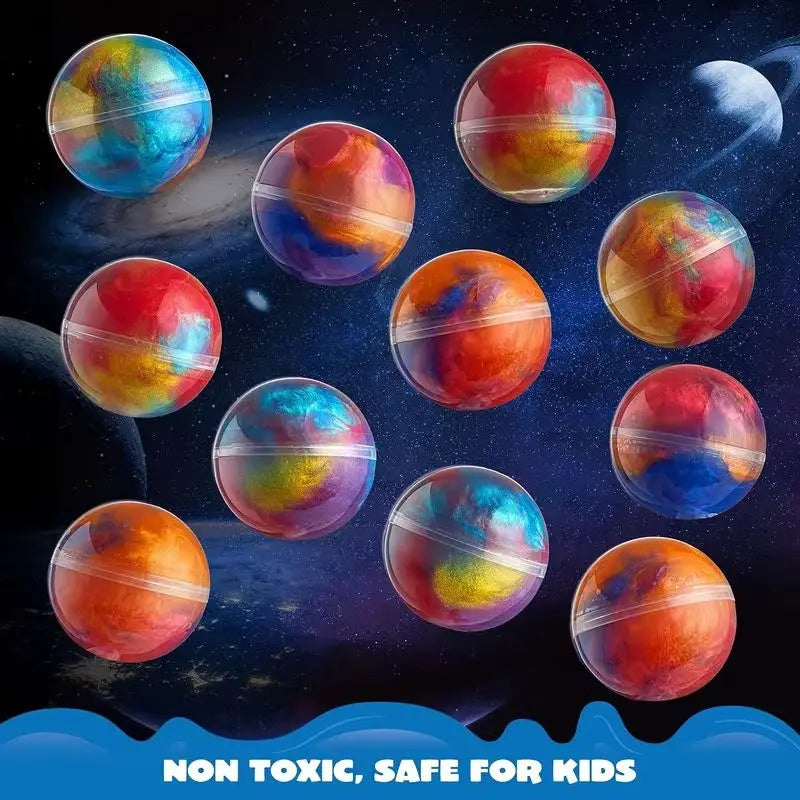 A collection of colorful, glossy, spherical slime balls in various vibrant hues floating against a dark, starry background.